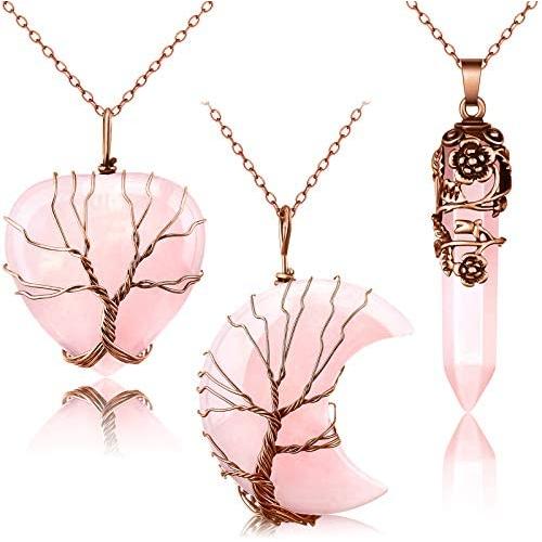 3 Pieces Hexagonal Crystal Pointed Quartz Natural Healing Necklaces Tree Wire Wrapped Moon Heart Necklace Flower Wrapped Antique Quartz Reiki Quartz Gemstone Bronze Copper Wire Wrap