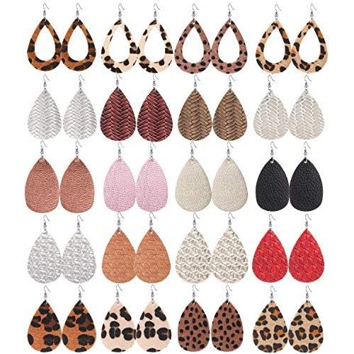 BOMAIL 20 Pairs Leather Earrings for Women Girls Teardrop Leaf Print Petal Leopard Flower Lightweight Drop Dangle Leather Earring Set