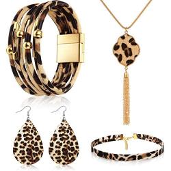 Hicarer 4 Pieces Leopard Print Jewelry Set Leopard Bracelet Faux Leather Earrings Choker Long Tassel Pendant Necklace for Women