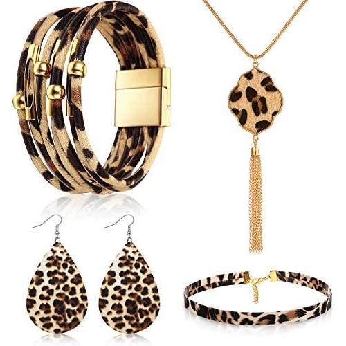 Hicarer 4 Pieces Leopard Print Jewelry Set Leopard Bracelet Faux Leather Earrings Choker Long Tassel Pendant Necklace for Women