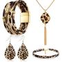 Hicarer 4 Pieces Leopard Print Jewelry Set Leopard Bracelet Faux Leather Earrings Choker Long Tassel Pendant Necklace for Women