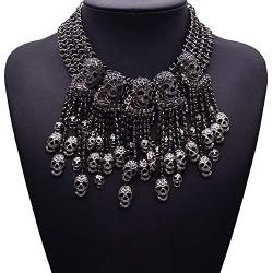 MJartoria Women Statement Skull Necklace-Carnival Festival Halloween Vintage Bohemian Ethnic Gypsy Rhinestone Bib Chunky Tassel Collar Festival Statement Necklace