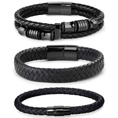 FIBO STEEL 3 PCS Magnetic-Clasp Leather Bracelets for Men Wrap Braided Leather Bracelets Wrist Cuff Bangle 8.0-8.5 Inch