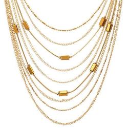 COOLSTEELANDBEYOND Statement Choker Collar Necklace Waterfall Multi-Strand Chain with Rectangle Crystal Bead Charm