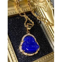 Men Women Ladies Jewelry Iced Laughing Cute Dark Blue Jade Buddha Pendant Necklace Rope Chain Genuine Certified Grade A Jadeite Jade Hand Crafted, Jade Necklace, 14k Gold Filled Laughing Jade Buddha Necklace, Blue Jade Medallion, Fast Prime Shipping