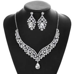 Hapibuy Crystal Bridal Wedding Necklace and Earrings Jewelry Set For Women and Brides