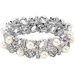 EVER FAITH Silver-Tone Austrian Crystal Cream Simulated Pearl Ribbon Knot Elastic Stretch Bracelet Clear