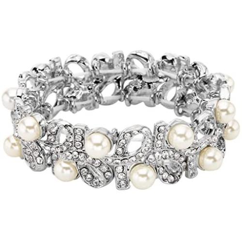 EVER FAITH Silver-Tone Austrian Crystal Cream Simulated Pearl Ribbon Knot Elastic Stretch Bracelet Clear