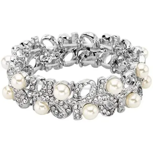 EVER FAITH Silver-Tone Austrian Crystal Cream Simulated Pearl Ribbon Knot Elastic Stretch Bracelet Clear EVER FAITH Silver-Tone Austrian Crystal Cream Simulated Pearl Ribbon Knot Elastic Stretch Bracelet Clear