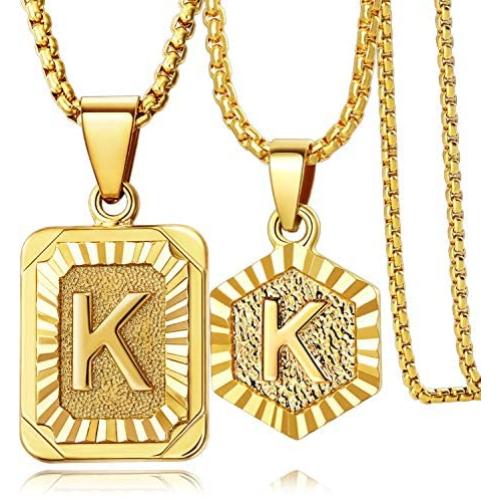 EASYSO Initial Pendant Necklace Sets for Mens Womens, Square Hexagon Capital Monogram Letter Necklace Alhpabets from A-Z Box Chain