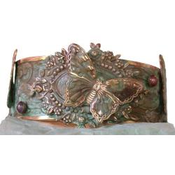 Verdigris Patina Victorian Butterfly Motif Cuff Bracelet - Amethyst, Carnelian