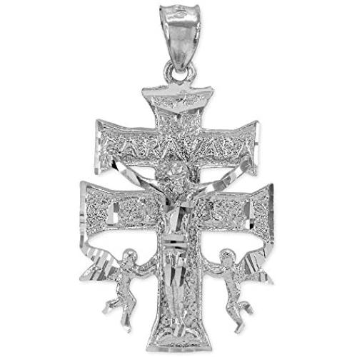 Religious Jewelry by FDJ 925 Sterling Silver Caravaca Double Cross with Angels Crucifix Pendant