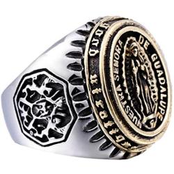 Mens Cool Stainless Steel Rings Vintage Blessed Virgin Mary Carved Christian Religious Signet Band Ring Size 7-13