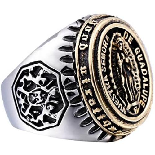 Mens Cool Stainless Steel Rings Vintage Blessed Virgin Mary Carved Christian Religious Signet Band Ring Size 7-13