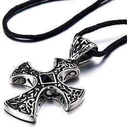 COOLSTEELANDBEYOND New Stainless Steel Gothic Celtic Cross Pendant Necklace with Cz Accent 22.8 Inches Black Silicone Cord