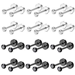 Besteel 12 Pairs 18g Stainless Steel Cubic Zirconia Stud Earrings for Women Men Tiny Cartilage Ear Piercings Helix Set Flat Screw Backs 2MM-6MM