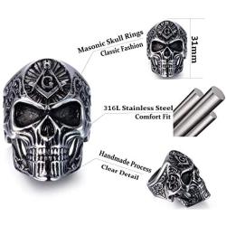 Masonic Skull Rings for Men, Stainless Steel Freemason Skull Ring, Cool Vampire Skull Ring Halloween Biker, Gothic Demon Skull Head Ring, Vintage Punk Skull Jewelry Gift for Men Boys