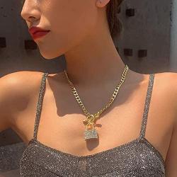 XUN Zhe Punk Hip Hop Lock Pendant Necklace Bling Bling Rhinestone Buckle Chain Clavicle Chain Shiny Crystal Choker Necklace Jewelry for Women Girls