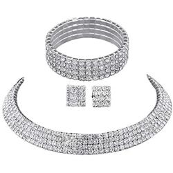 U/D Layered Shiny Rhinestone Beads Bracelet Choker Necklace Jewelry Set Glitter Multi Rows Crystal Long Fringe Tassel Drop Dangle Earrings for Women Girl Bridal Wedding Accessory