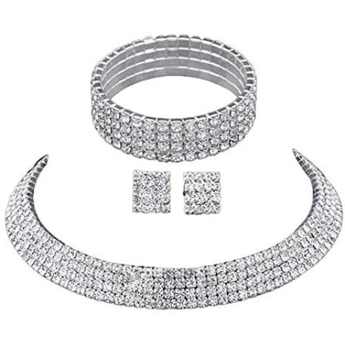 U/D Layered Shiny Rhinestone Beads Bracelet Choker Necklace Jewelry Set Glitter Multi Rows Crystal Long Fringe Tassel Drop Dangle Earrings for Women Girl Bridal Wedding Accessory