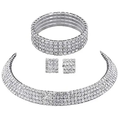 U/D Layered Shiny Rhinestone Beads Bracelet Choker Necklace Jewelry Set Glitter Multi Rows Crystal Long Fringe Tassel Drop Dangle Earrings for Women Girl Bridal Wedding Accessory