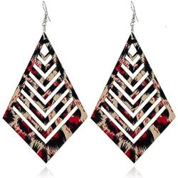 KaFu Lightweight Brown Wooden Earrings Geometric Rhombus Hollow Leopard print Long Drop Dangle Hook Bohemian Wood Earrings for Women Party Jewelry Accessories
