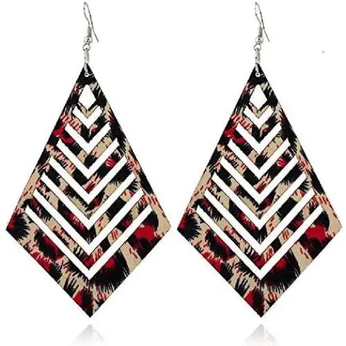 KaFu Lightweight Brown Wooden Earrings Geometric Rhombus Hollow Leopard print Long Drop Dangle Hook Bohemian Wood Earrings for Women Party Jewelry Accessories