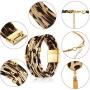 Hicarer 4 Pieces Leopard Print Jewelry Set Leopard Bracelet Faux Leather Earrings Choker Long Tassel Pendant Necklace for Women