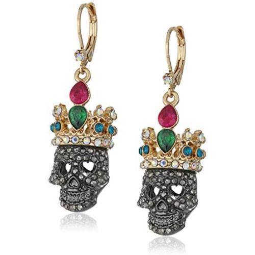 Betsey Johnson ''Skeletons After Dark'' Pave Skull Drop Earring