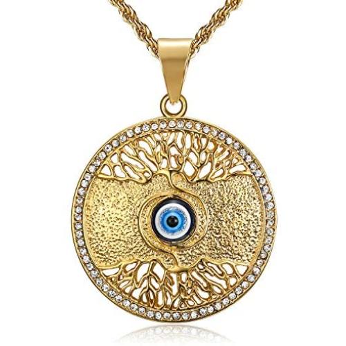 Lee Island Fashion 24K Gold Plated Eye of Horus On Tree Of Life Egyptian Protection Pendant Stainless Steel Necklace For Men Boys, 24 Inch Chain Blue Evil Eye Jewelry