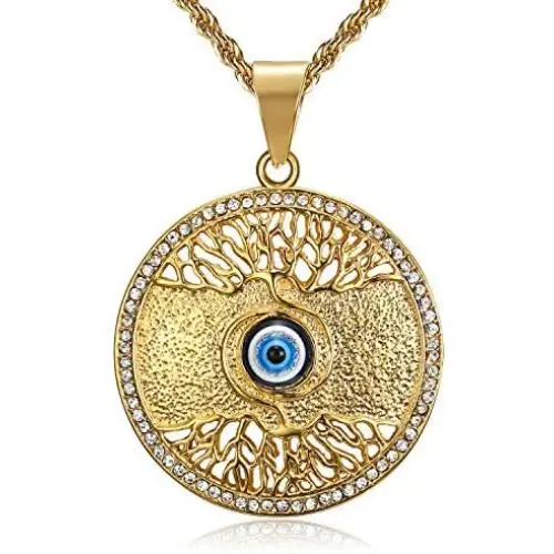 Lee Island Fashion 24K Gold Plated Eye of Horus On Tree Of Life Egyptian Protection Pendant Stainless Steel Necklace For Men Boys, 24 Inch Chain Blue Evil Eye Jewelry