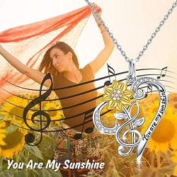 JUSTKIDSTOY Sunflower Necklace S925 Sterling Silver - You are My Sunshine Necklace Sun Flower Heart Pendant Musical Note Jewelry Gifts for Women Mom Mothers Day Birthday