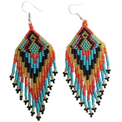 Southwestern Geometric Pattern Glass Seed Beaded Earrings Handmade