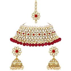 I Jewels 18K Gold Plated Indian Bollywood Wedding Party Wear Faux Kundan Pear Ethnic Choker Necklace Jewelry Set for Women