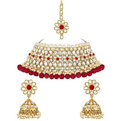I Jewels 18K Gold Plated Indian Bollywood Wedding Party Wear Faux Kundan Pear Ethnic Choker Necklace Jewelry Set for Women