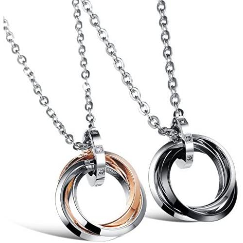 His and Hers Couple Necklace Titanium Stainless Steel CZ Rings Pendant His and Hers Matching Jewelry Set Gift for Women and Men