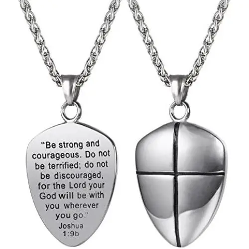 U7 Shield of Faith/Inspirational Pendant Chain 22 Inch Joshua 1:9 Cross Amulet Necklace, Text Engrave Customizable, 3 Color Options