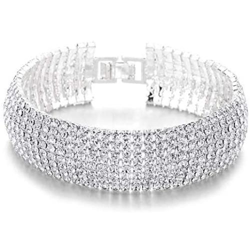 COOLSTEELANDBEYOND Sparkling Womens Crystal Rhinestones Cluster Wide Bangle Bracelet, Luxury