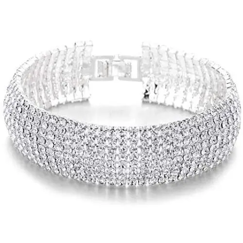 COOLSTEELANDBEYOND Sparkling Womens Crystal Rhinestones Cluster Wide Bangle Bracelet, Luxury
