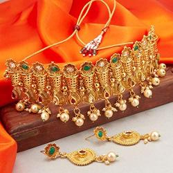 Aheli Elegant Gold Tone Crafted Ethnic Festive Wedding Party Wear Choker Necklace Jhumki Earrings Set for Indian Women Traditional Fashion Jewelry