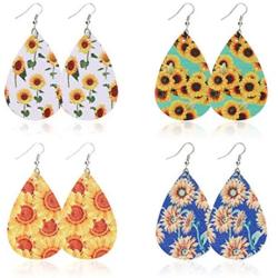 9 Pairs Sunflower Flower Fall Faux Leather Teardrop Dangle Earrings Lightweight Earrings for Women Girls Gift Leaf Drop Earrings Set Autumn Jewelry