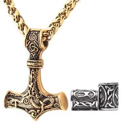 GUNGNEER 18K Gold Plated Thors Hammer Pendant Viking Mjolnir Necklace for Men Women, 316L Stainless Steel Bonus 2 Rune Beads