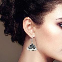 Saissa Silver Plated Oxidised Metal Bollywood Lightweight Small Jhumka Boho Earrings Indian Jewelry for Women
