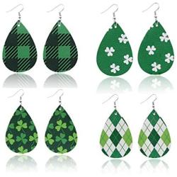 4Pairs St Patricks Day Leather Earrings for Women Lightweight Faux Leather Irish Green Good Luck Petal Teardrop Dangle Earrings Set
