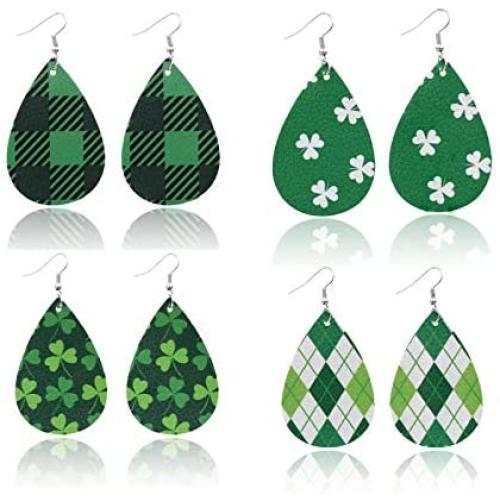 4Pairs St Patricks Day Leather Earrings for Women Lightweight Faux Leather Irish Green Good Luck Petal Teardrop Dangle Earrings Set