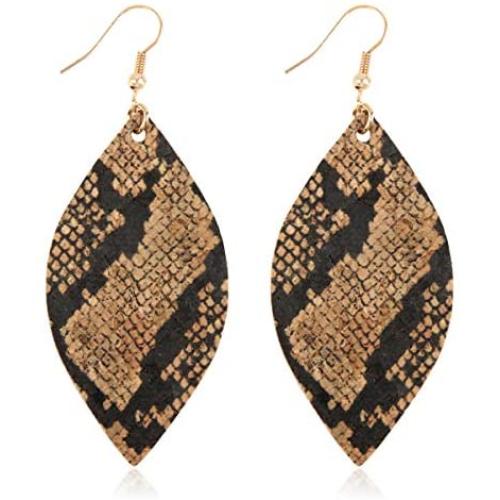 Bohemian Delicate Lightweight Cork Geometric Earrings - Animal Print Leopard Snake Python Teardrop, Marquise Leaf Fringe, Rhombus Drop Dangles