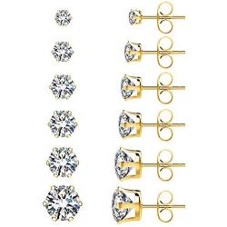 UHIBROS Stainless Steel Stud Earrings Set Hypoallergenic Cubic Zirconia 18K White Gold 316L CZ Earring 6 Pairs 3-8mm