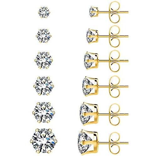 UHIBROS Stainless Steel Stud Earrings Set Hypoallergenic Cubic Zirconia 18K White Gold 316L CZ Earring 6 Pairs 3-8mm