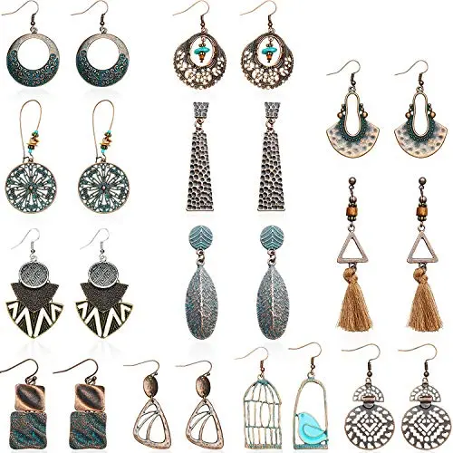 12 Pairs Vintage Earrings Turquoise Earrings Bohemian Earrings Vintage Dangle Earrings Geometric Dangle Pendant Earrings for Women Girls (Style A)