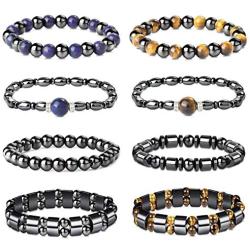YADOCA 8 Pcs Hematite Magnetic Bracelets Set for Men Women Tigers Eye Bead Bracelet Colorful Elastic Bracelet